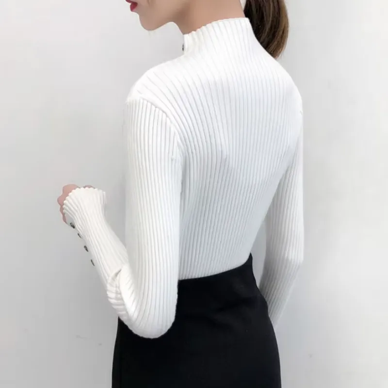 Women's Elastic Knitted Slim Fit Turtleneck Jumper with Buttons | Ideal for Autumn/Winter