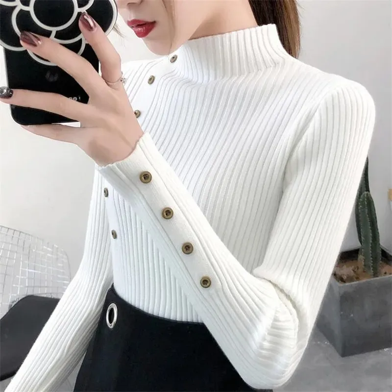 Women's Elastic Knitted Slim Fit Turtleneck Jumper with Buttons | Ideal for Autumn/Winter