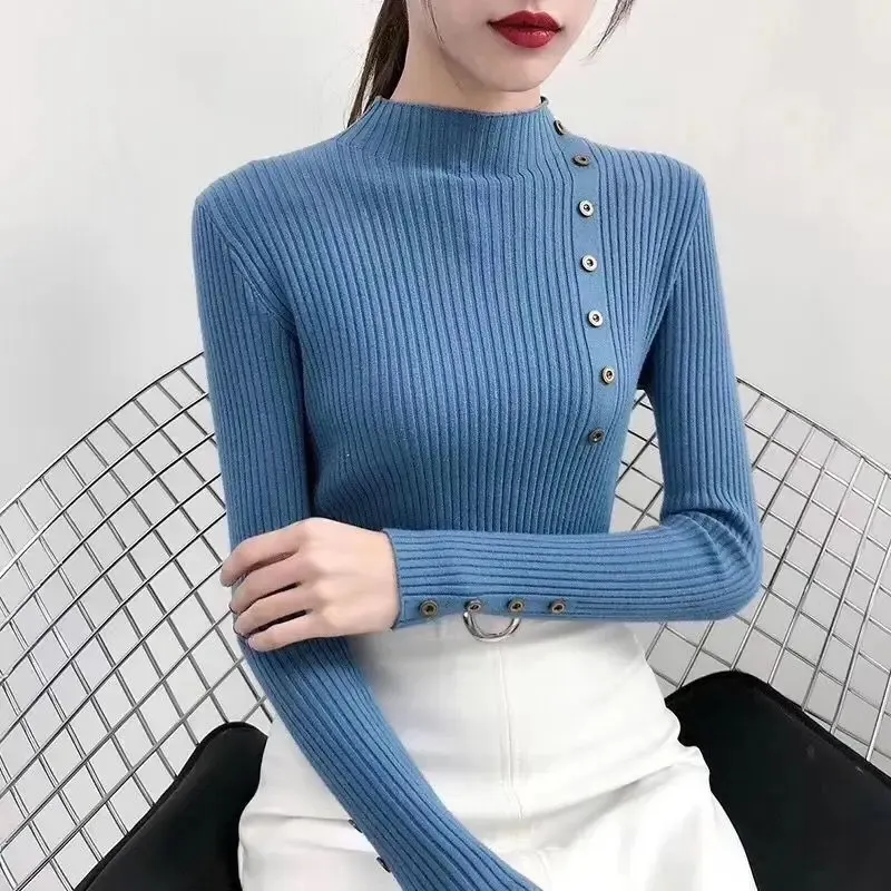 Women's Elastic Knitted Slim Fit Turtleneck Jumper with Buttons | Ideal for Autumn/Winter