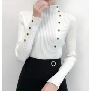 Women's Elastic Knitted Slim Fit Turtleneck Jumper with Buttons | Ideal for Autumn/Winter