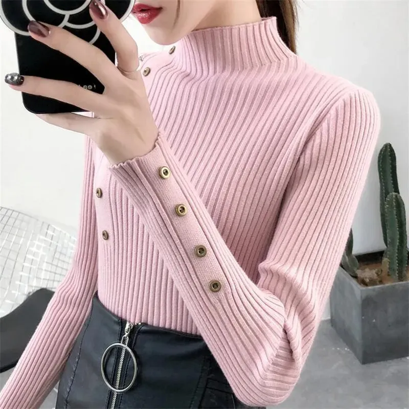 Women's Elastic Knitted Slim Fit Turtleneck Jumper with Buttons | Ideal for Autumn/Winter