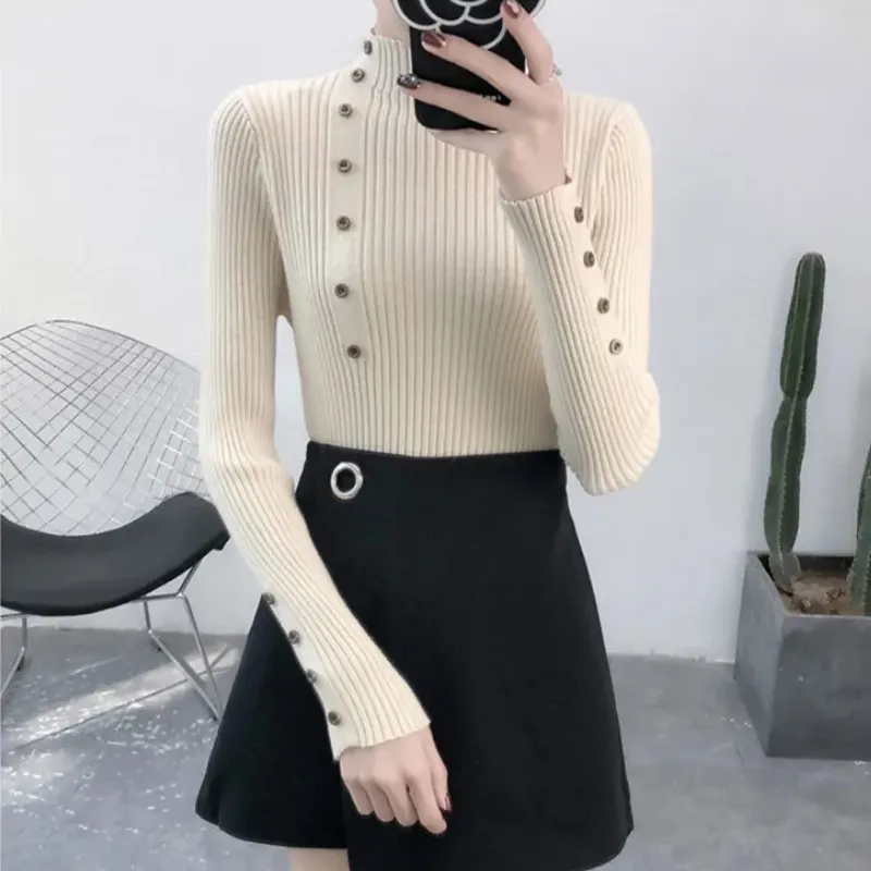 Women's Elastic Knitted Slim Fit Turtleneck Jumper with Buttons | Ideal for Autumn/Winter