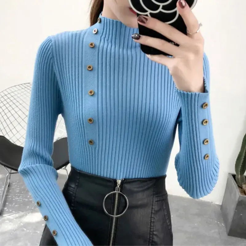 Women's Elastic Knitted Slim Fit Turtleneck Jumper with Buttons | Ideal for Autumn/Winter