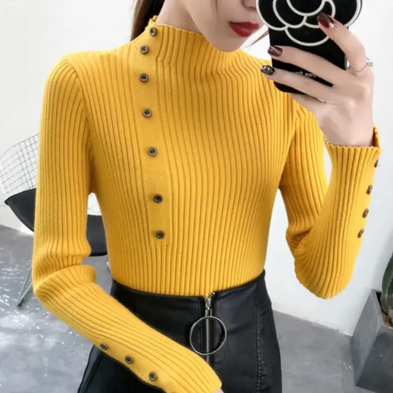 Women's Elastic Knitted Slim Fit Turtleneck Jumper with Buttons | Ideal for Autumn/Winter