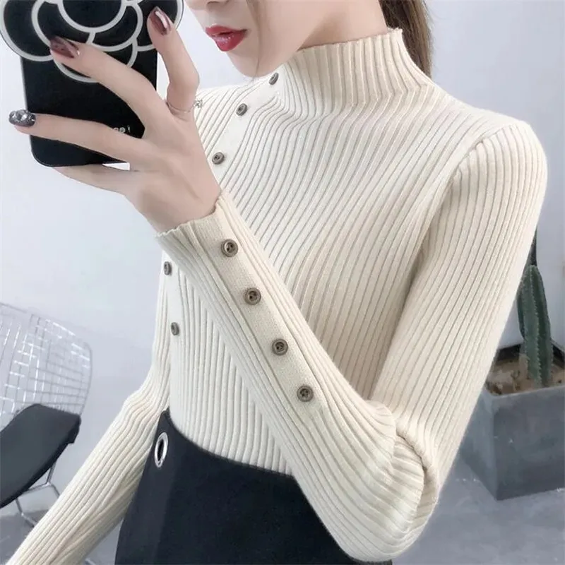 Women's Elastic Knitted Slim Fit Turtleneck Jumper with Buttons | Ideal for Autumn/Winter