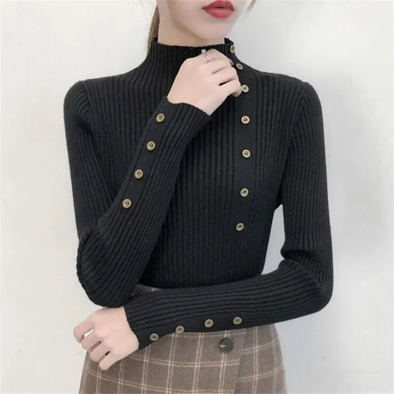 Women's Elastic Knitted Slim Fit Turtleneck Jumper with Buttons | Ideal for Autumn/Winter