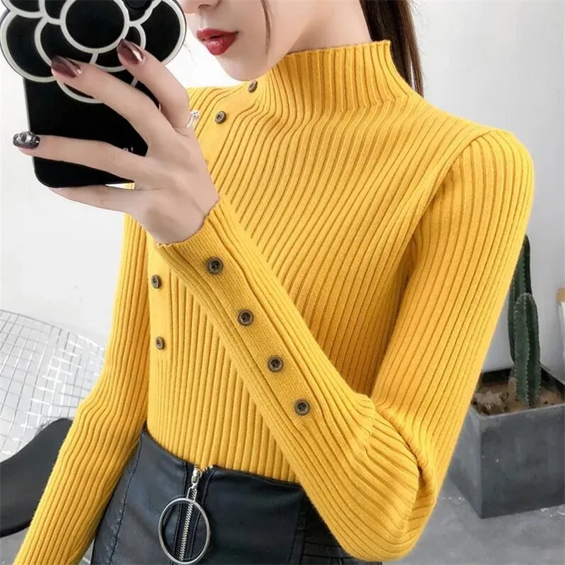 Women's Elastic Knitted Slim Fit Turtleneck Jumper with Buttons | Ideal for Autumn/Winter