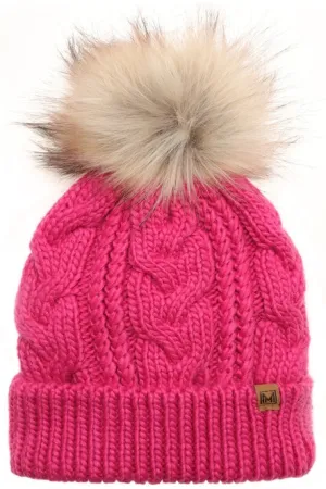 Women's Faux Fur Pom Beanie Hat with Sherpa Lining